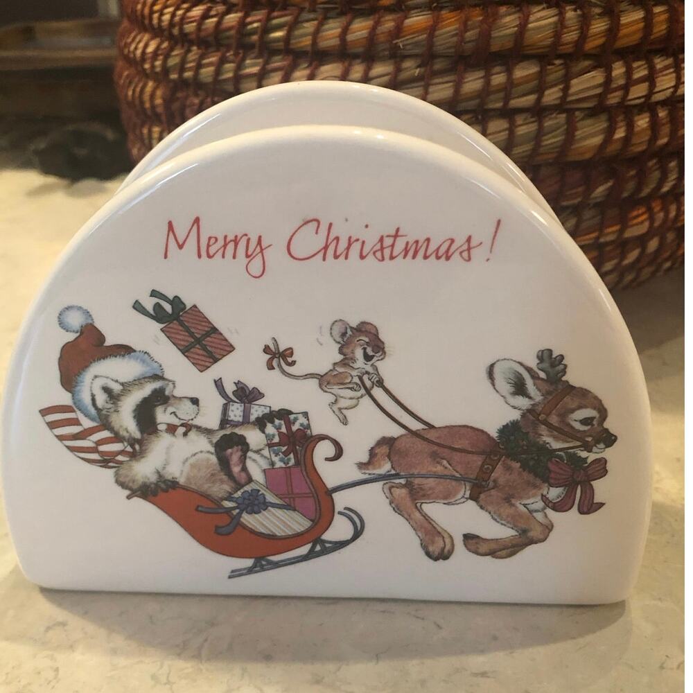 Vtg 1979 HF Designer Collection Knapkin holder Dog/mouse/Hare Christmas Keepsake
